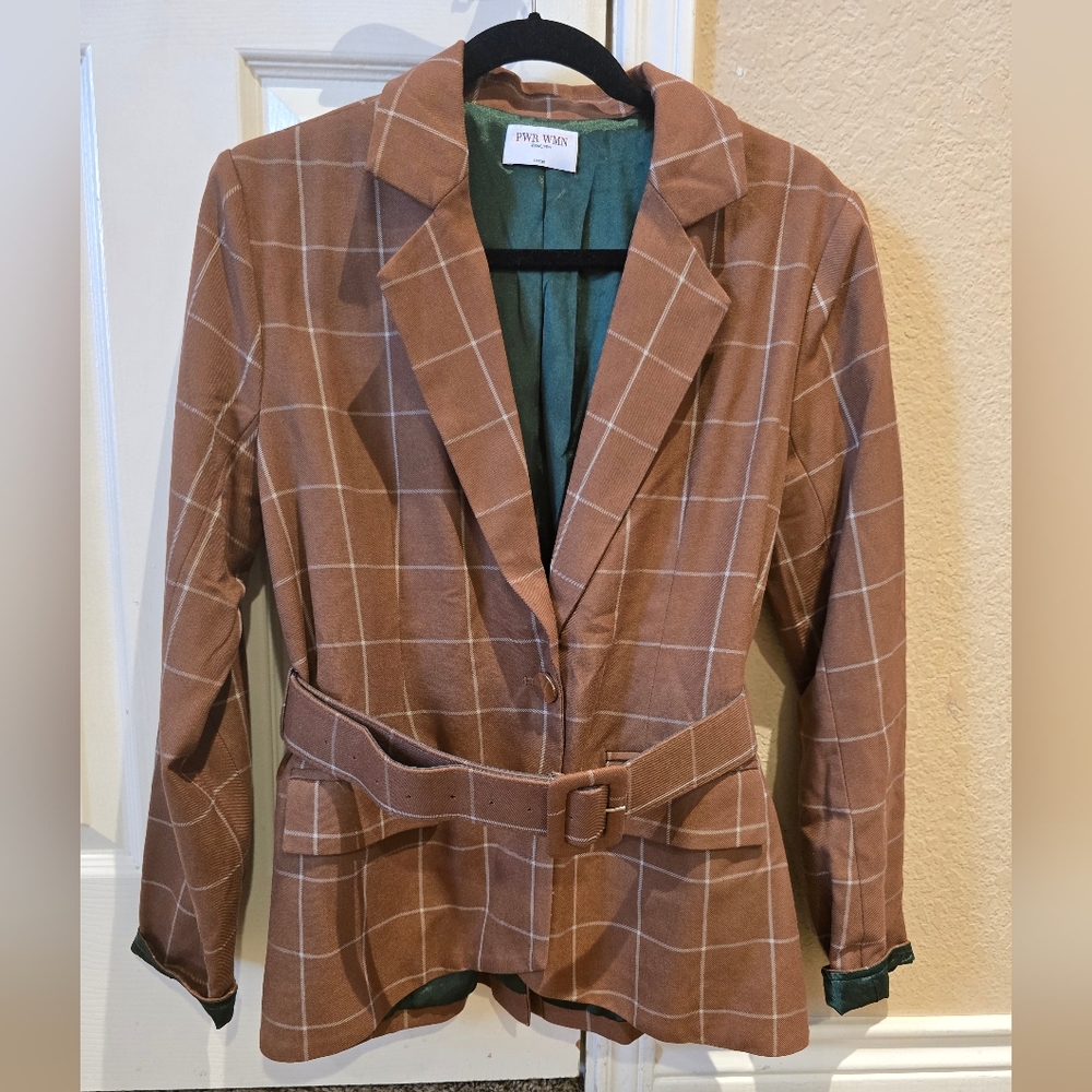 Pink Martini Brown Plaid Belted Blazer
